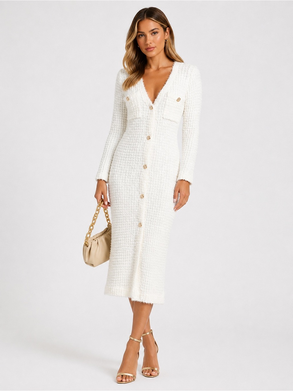 Twin-Set Cream Button-Front Knit Midi Dress